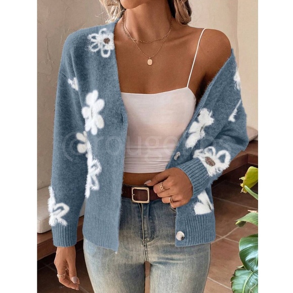 Blue Cardigan Knit Flower Textured Button Front Stretchy, Soft - Picture 2 of 9